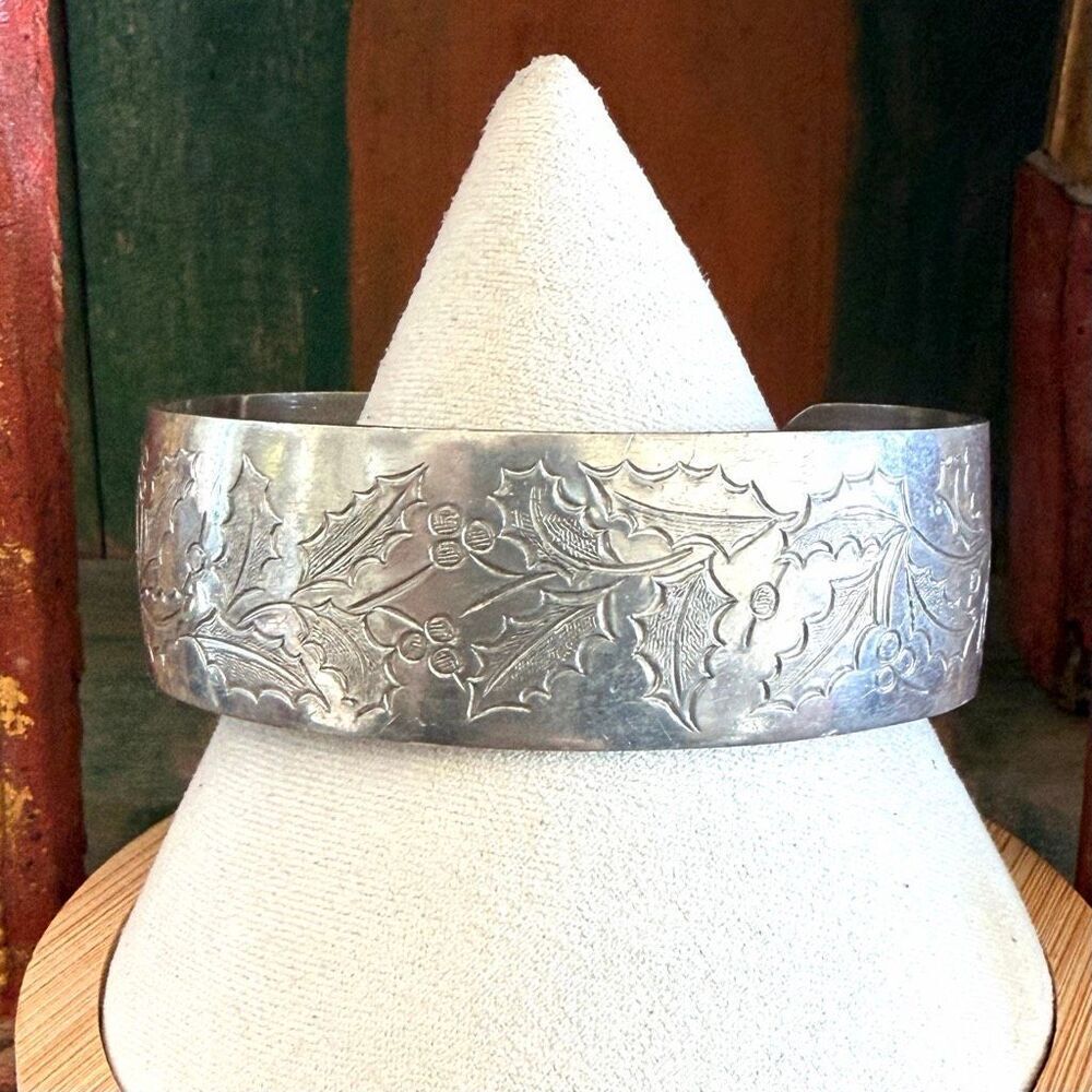 Kirk Stieff Pewter “Winter Holly” Engraved Cuff Bracelet